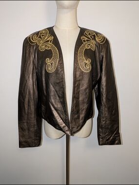 Vintage Bronze Leather Open Jacket With Gold Embroidery